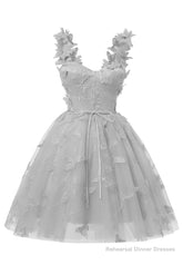 Silver 3D Butterfly Lace Applique Tulle Homecoming Dress for Teens Sweetheart Mini Short Prom Dresses